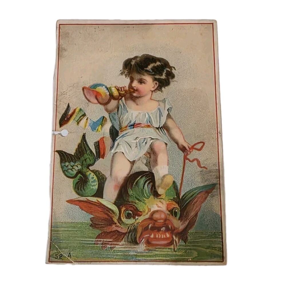 Antique Trade Card Child On Sea Monster Fish Blowing Conch Shell 4.5" X 3"